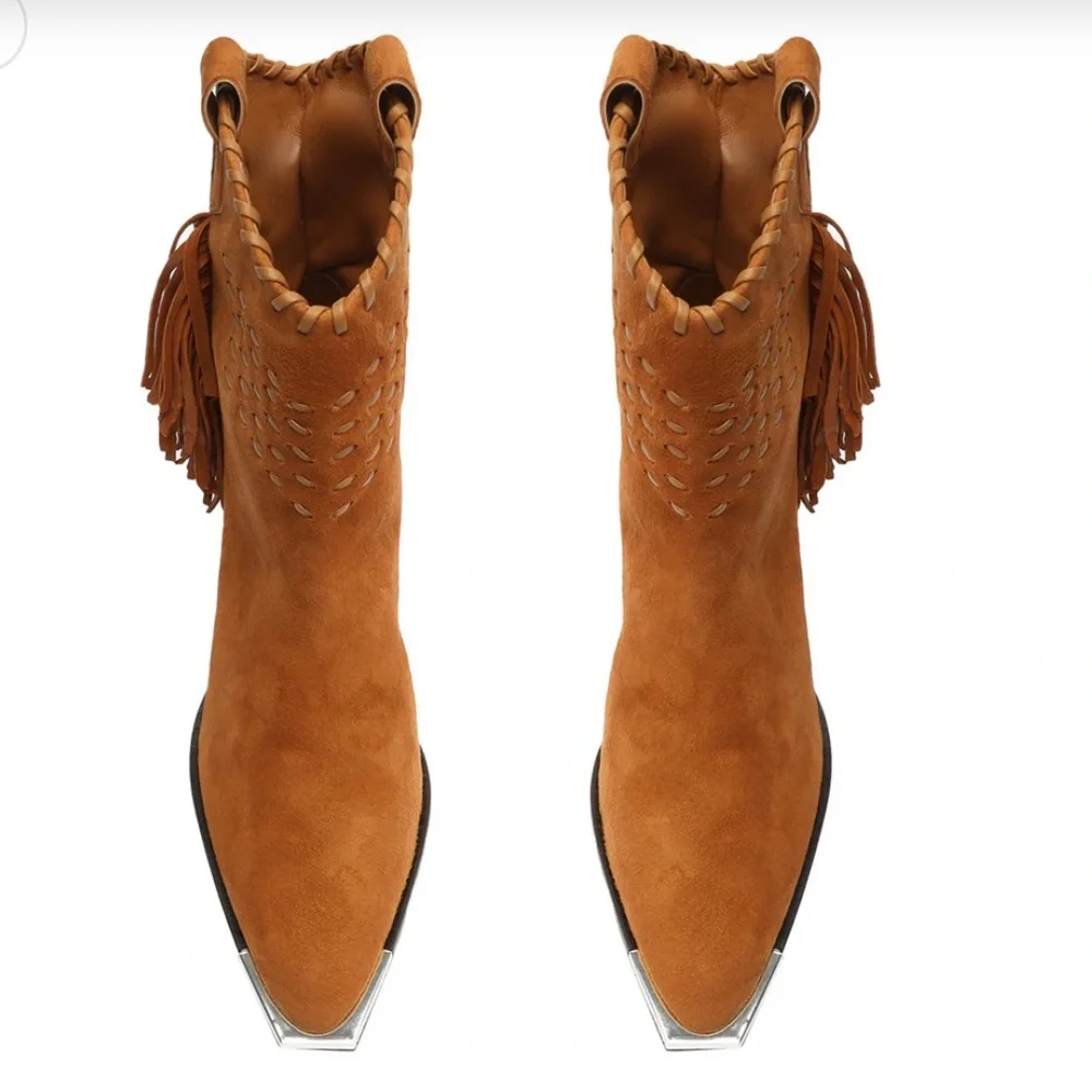 Schultz Tan Suede Fringed Western Heeled Boot - Picture 2 of 5